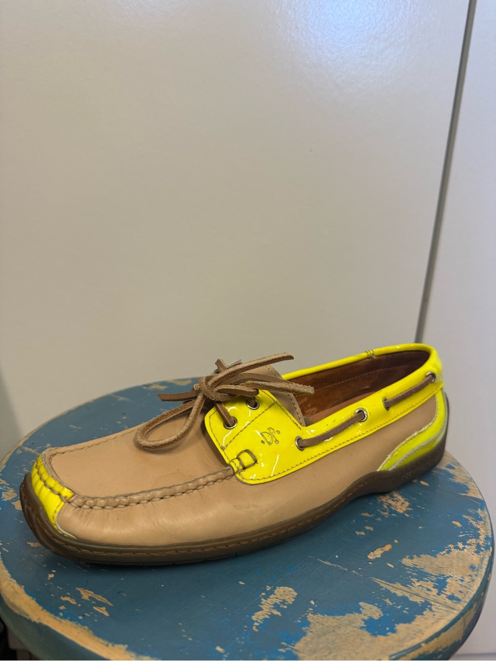 Donald J. Pliner Tan/Yellow Leather Boat Shoe - patent leather accents preppy